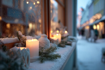 Burning candles and pine branches on snowy windowsill with blurred city street lights in background. Concept of winter decoration and cozy holiday atmosphere