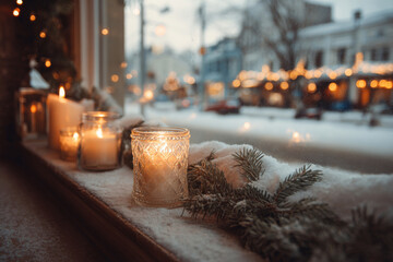 Burning candles and pine branches on snowy windowsill with blurred city street lights in background. Concept of winter decoration and cozy holiday atmosphere
