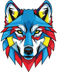 Striking geometric wolf head with vibrant blue, red, and yellow abstract patterns. A modern, artistic design for contemporary art and expressive wildlife themes.