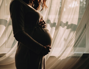 Silhouette of a pregnant woman gently cradling her belly, bathed in soft, warm light filtering through sheer curtains, evoking a sense of anticipation and new life.