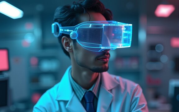 futuristic scientist, ar glasses, biotech - metaverse. High quality
