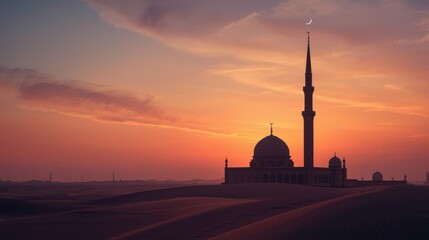 Silhouette of a mosque with a dome and minaret against a vibrant sunset sky