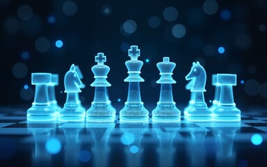 Hologram chess pieces standing on futuristic chessboard in cyberspace. High quality
