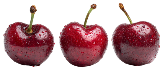 A close-up view of three fresh, glistening cherries with droplets of water on their surface, showcasing their vibrant red color and natural shine, ideal for culinary presentations or healthy eating co