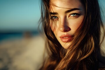 Portrait of an attractive woman with windswept hair and captivating blue eyes