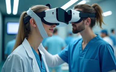 Doctor wearing virtual reality headset (VR) in hospital. High quality