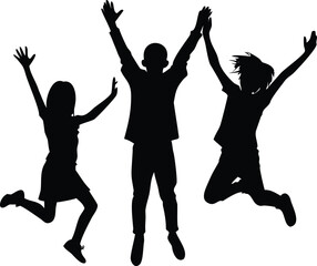 Fototapeta premium Three silhouetted figures joyfully leaping in the air expressing excitement and freedom high quality
