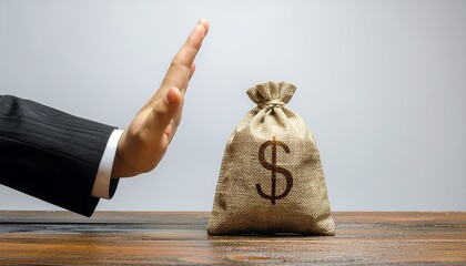 Businessman in a black suit rejects a bribe offered in a burlap money bag with a dollar sign.