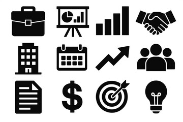 Business Icon Set. Business Progress silhouette icon set: briefcase, presentation board, bar chart, handshake, office building, calendar, growth arrow, team group, document page,