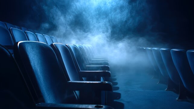 Atmospheric mystery in a dimly lit theater with fog and empty seats