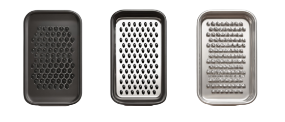 A set of three kitchen graters displayed side by side, showcasing different grating surfaces, ideal for culinary use in preparing ingredients, with a clean, minimalist background