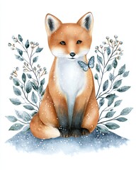 A charming illustration of a fox sitting peacefully among delicate foliage and a butterfly, capturing the beauty of nature.