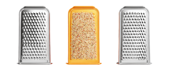 Three distinct kitchen graters displayed side by side, showcasing their unique designs and textures, with a clean white background emphasizing their functionality for food preparation