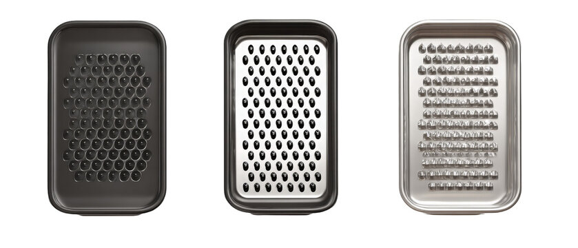 A set of three kitchen graters displayed side by side, showcasing different grating surfaces, ideal for culinary use in preparing ingredients, with a clean, minimalist background