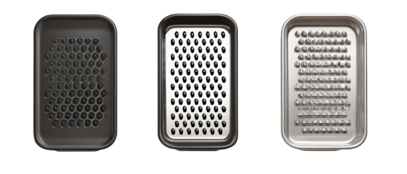 A set of three kitchen graters displayed side by side, showcasing different grating surfaces, ideal for culinary use in preparing ingredients, with a clean, minimalist background