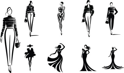 Elegant Fashion Sketches Collection of Stylish Women on White Background for Design