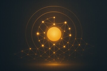 Glowing golden neural sphere with connected nodes and circular data rings on dark background AI intelligence core concept for fintech innovation and business strategy