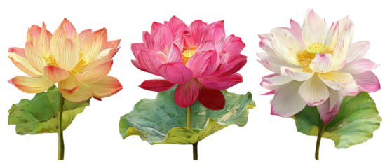 A vibrant display of three blooming lotus flowers in varying shades of pink and yellow, surrounded by lush green leaves, showcasing the beauty of nature in a tranquil setting