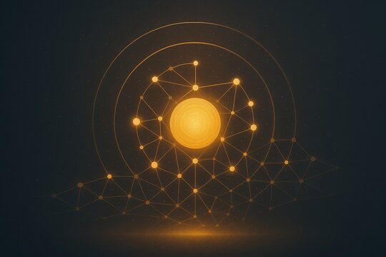 Glowing golden neural sphere with connected nodes and circular data rings on dark background AI intelligence core concept for fintech innovation and business strategy