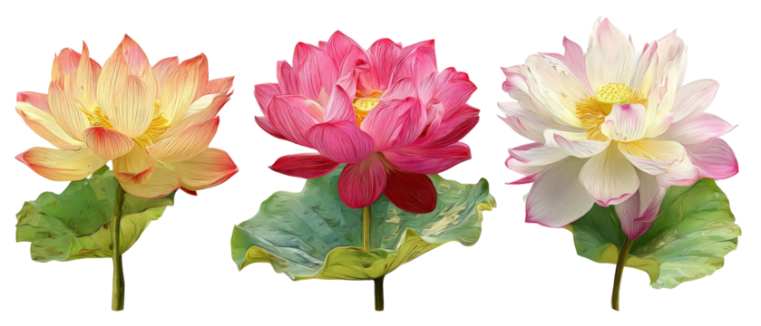A vibrant display of three blooming lotus flowers in varying shades of pink and yellow, surrounded by lush green leaves, showcasing the beauty of nature in a tranquil setting