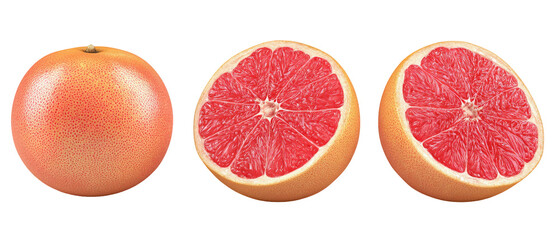 A visually appealing display of a whole grapefruit alongside two halves, showcasing the vibrant pink flesh, set against a clean background, ideal for food-related content