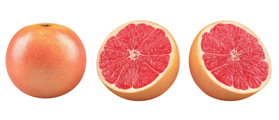 A visually appealing display of a whole grapefruit alongside two halves, showcasing the vibrant pink flesh, set against a clean background, ideal for food-related content