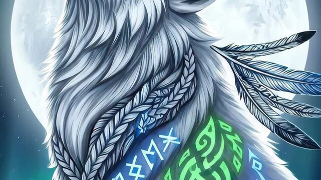 A detailed illustration of a majestic white wolf with braided fur, tribal markings, and feathers, set against a full moon.