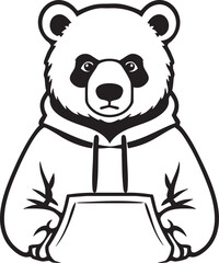 A serious panda bear mascot wearing a hoodie with paws in its pocket a bold black and white line art graphic.