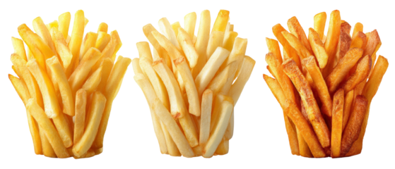 A vibrant display of three distinct styles of French fries, showcasing variations in color and texture, set against a clean background perfect for culinary presentations