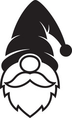 A stylized black graphic of a Christmas gnome with a floppy hat round nose and long pointed beard.