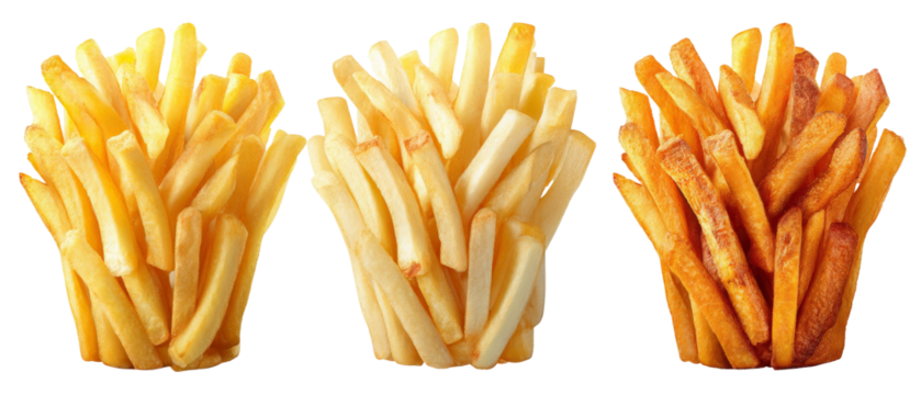 A vibrant display of three distinct styles of French fries, showcasing variations in color and texture, set against a clean background perfect for culinary presentations