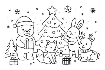Cute baby animals celebrating Christmas with gifts and a tree in a snowy forest. Simple black and white outline coloring page for kids.