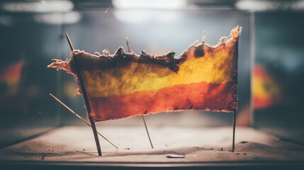 pennant. Tattered historical flag with burnt edges in a museum showcase. event programs, museum guides, designed for cultural heritage projects and event programs, preserves heritage.