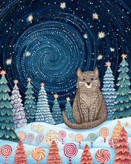 A whimsical winter scene with a cat among colorful trees and candy, under a starry night sky.