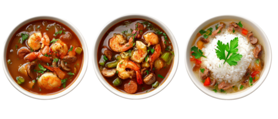 Three bowls of vibrant seafood dishes featuring shrimp, vegetables, and rice, arranged artistically against a clean background, ideal for culinary presentations or food blogs