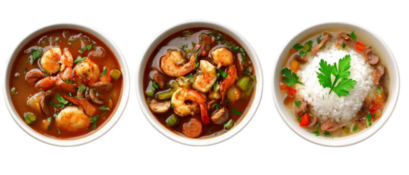 Three bowls of vibrant seafood dishes featuring shrimp, vegetables, and rice, arranged artistically against a clean background, ideal for culinary presentations or food blogs