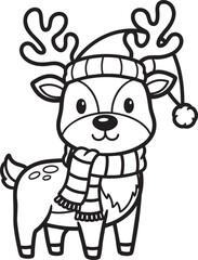 Obraz premium Adorable cartoon reindeer wearing a Santa hat and striped scarf a black and white line art illustration.