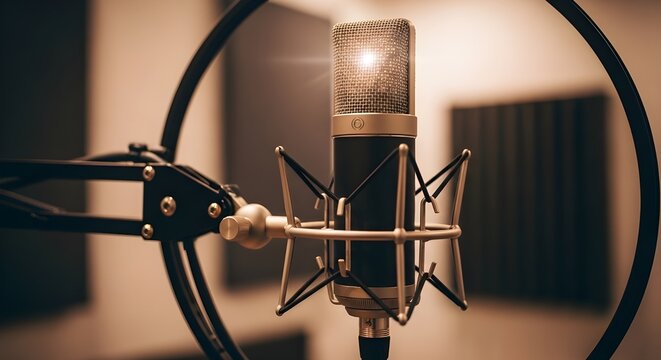 Close up of professional microphone in recording studio with pop filter