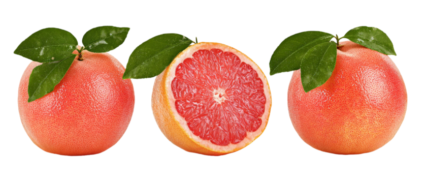 Fresh pink grapefruits displayed with green leaves, showcasing a whole fruit and a cut section revealing juicy flesh, set against a clean background, ideal for healthy eating themes