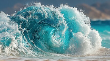 Large ocean wave curling with white foam cresting near a sandy beach.