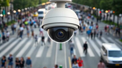 Surveillance camera security camera street crowd pedestrian city monitor public safety urban monitoring privacy technology dome lens outdoor crosswalk observation footage government ai - Powered by Adobe