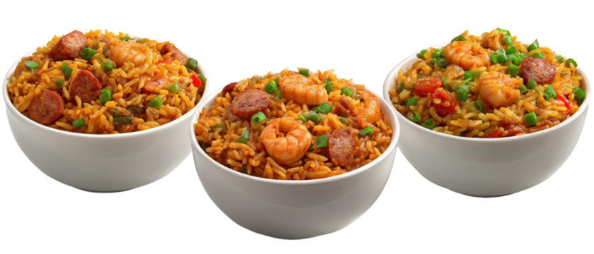 Three bowls of colorful shrimp and sausage jambalaya, garnished with green onions, displayed on a white background, showcasing a delicious and vibrant meal perfect for culinary presentations