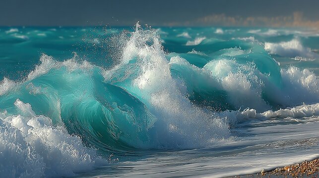 Ocean waves crashing on shore creating sea foam and spray beautiful turquoise water.