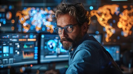 Focused Man Analyzing Global Data on Multiple Computer Screens
