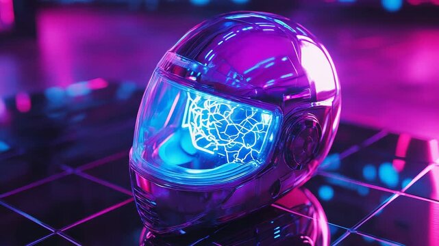 Futuristic motorcycle helmet with glowing ai neural network - Powered by Adobe
