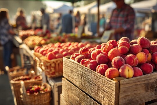 Bountiful Stack of Wooden Crates with Fresh Strawberries Peaches Apples at Farmers Market for Local Agriculture Campaign Advertising
- Powered by Adobe