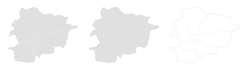 Obraz premium Andorra map vector set including three styles outline map, plain map, and detailed version with borders and regions. Perfect for infographics, education, travel, and presentation. Vector, symbols.