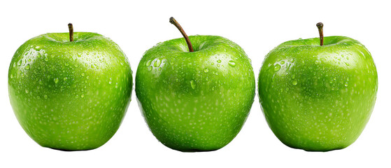 A close-up view of three fresh green apples with dew drops glistening on their surface, showcasing their vibrant color and texture, set against a plain background for food photography
