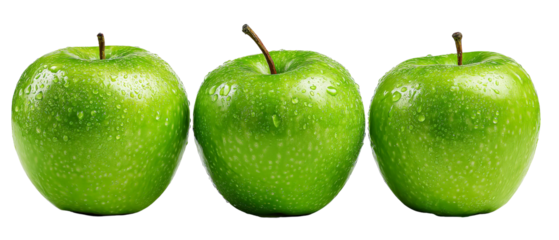 A close-up view of three fresh green apples with dew drops glistening on their surface, showcasing their vibrant color and texture, set against a plain background for food photography