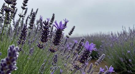 Obraz premium Closeup of purple lavender flowers with water droplets on petals, field in background, overcast sky